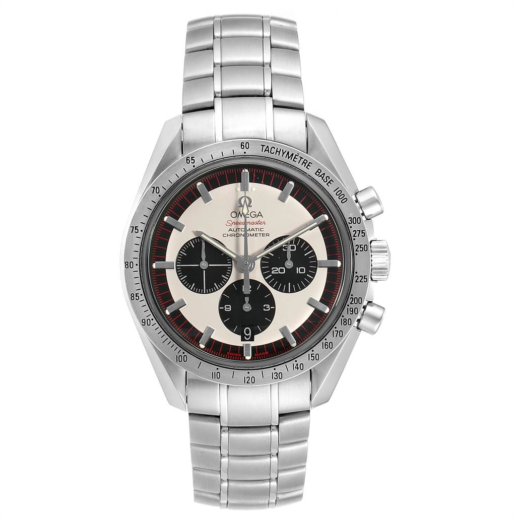 The image shows a front view of an Omega Speedmaster 3559.32.00 Men's Stainless Steel Silver Dial 3559.32.00 Men's Stainless Steel Silver Dial watch, highlighting the dial, bezel, and bracelet.