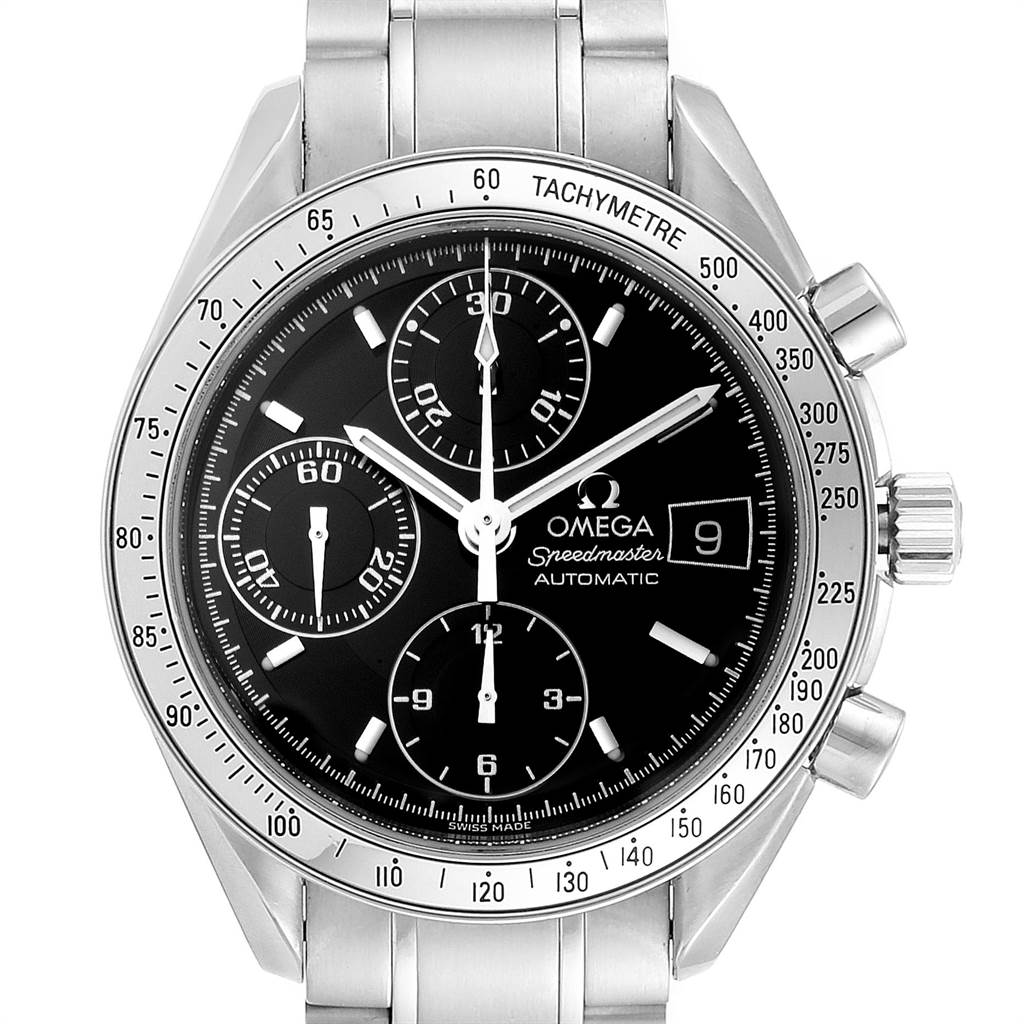 This Omega Speedmaster 3513.50.00 Men
s Stainless Steel Black Dial 3513.50.00 Men
s Stainless Steel Black Dial watch is shown from the front, highlighting the black dial, chronograph subdials, and tachymeter bezel.