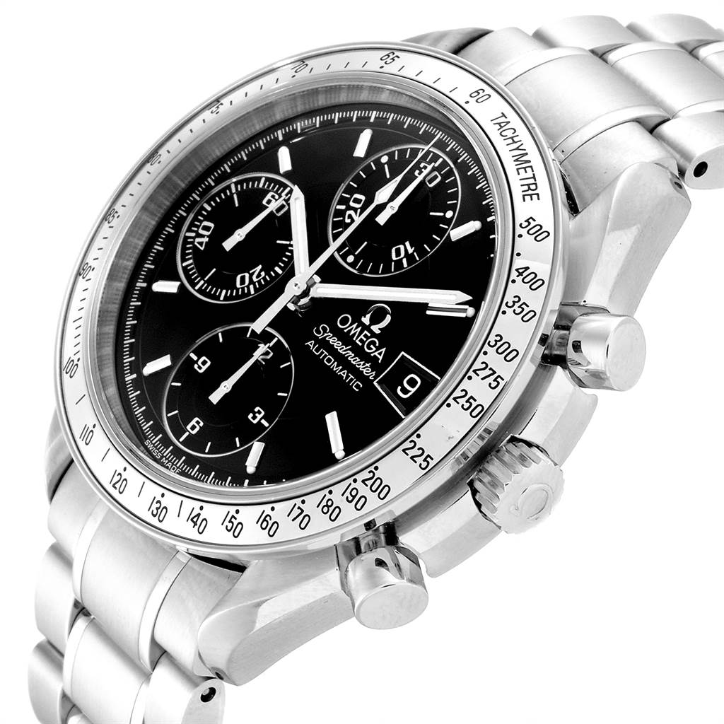 The image shows an Omega Speedmaster 3513.50.00 Men
s Stainless Steel Black Dial 3513.50.00 Men
s Stainless Steel Black Dial watch at a slight angle, highlighting the dial, chronograph sub-dials, bezel, crown, and pushers.