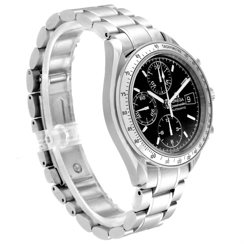 The image shows an Omega Speedmaster 3513.50.00 Men
s Stainless Steel Black Dial 3513.50.00 Men
s Stainless Steel Black Dial watch at a diagonal angle, detailing its bracelet, case, and black chronograph dial.