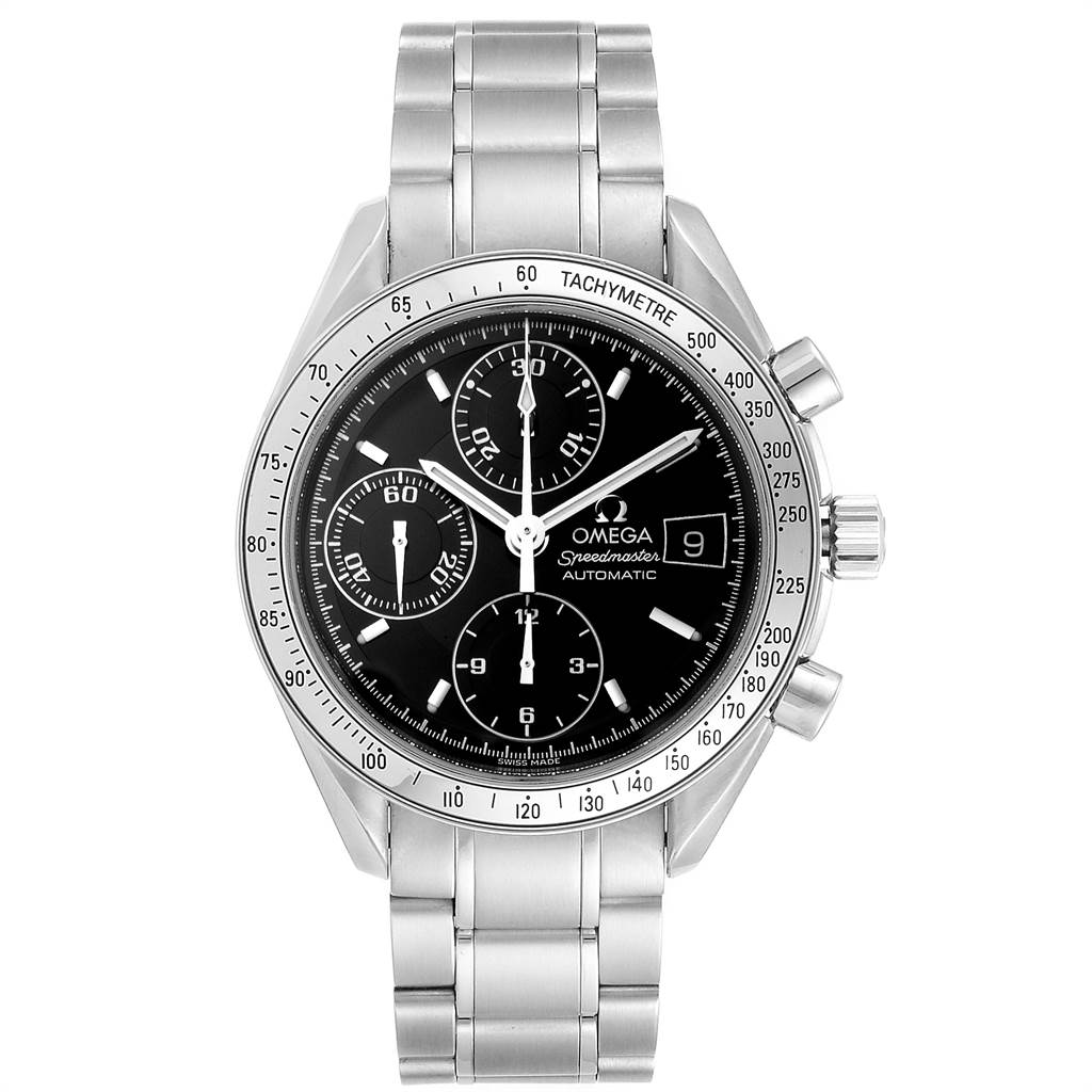 The image shows a front view of the Omega Speedmaster 3513.50.00 Men
s Stainless Steel Black Dial 3513.50.00 Men
s Stainless Steel Black Dial watch, showcasing its stainless steel bracelet, tachymeter bezel, and chronograph subdials.