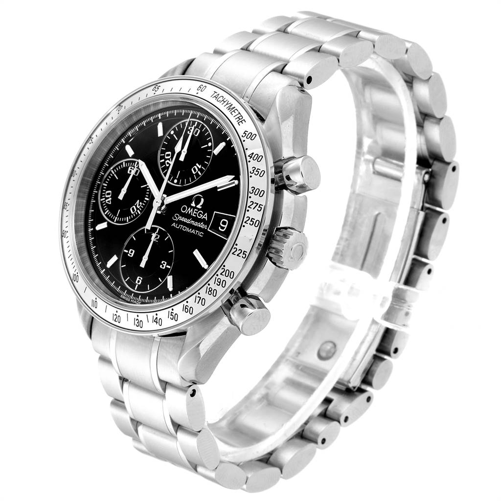 The image shows an Omega Speedmaster 3513.50.00 Men
s Stainless Steel Black Dial 3513.50.00 Men
s Stainless Steel Black Dial watch at a three-quarter angle, displaying the bracelet, case, chronograph buttons, and black dial.