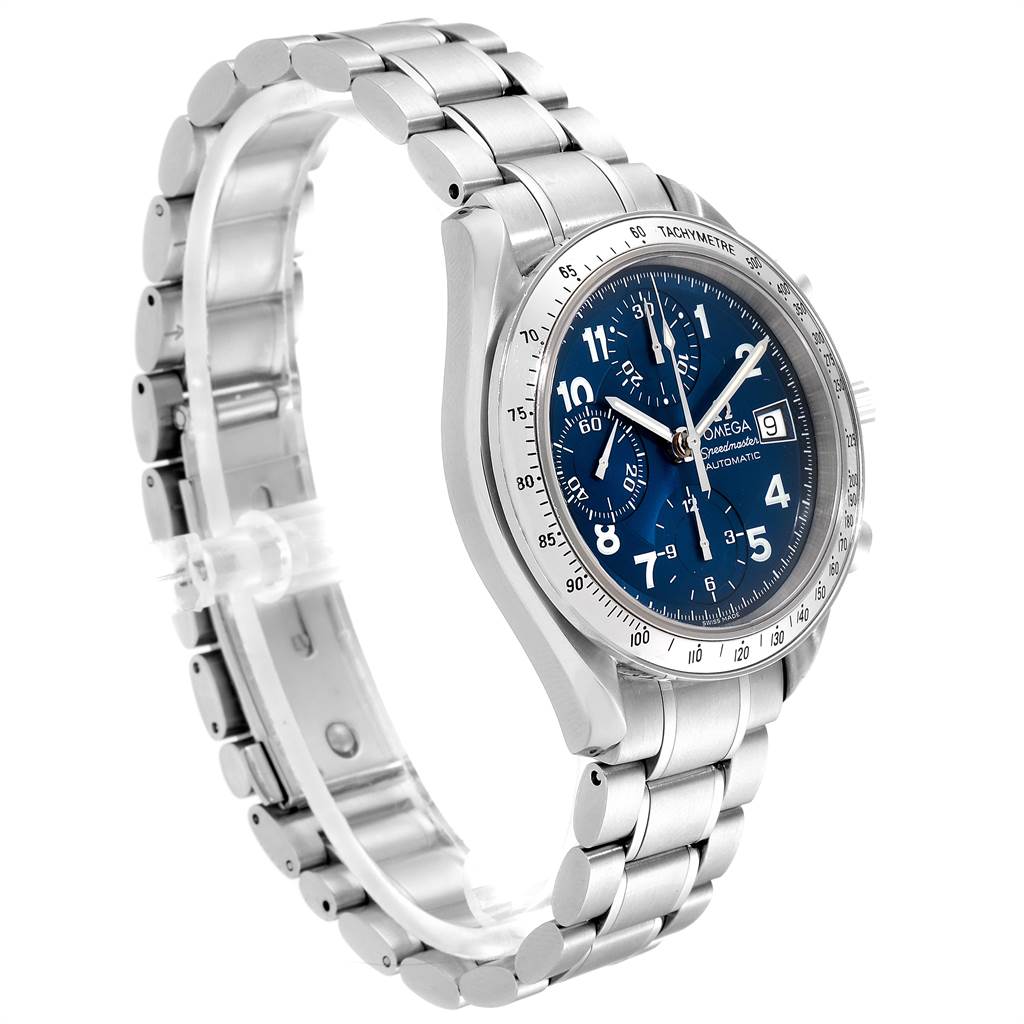 The Omega Speedmaster 3513.82.00 Men's Stainless Steel Blue Dial 3513.82.00 Men's Stainless Steel Blue Dial watch is shown at a three-quarter angle, highlighting its face, bracelet, and tachymeter bezel.