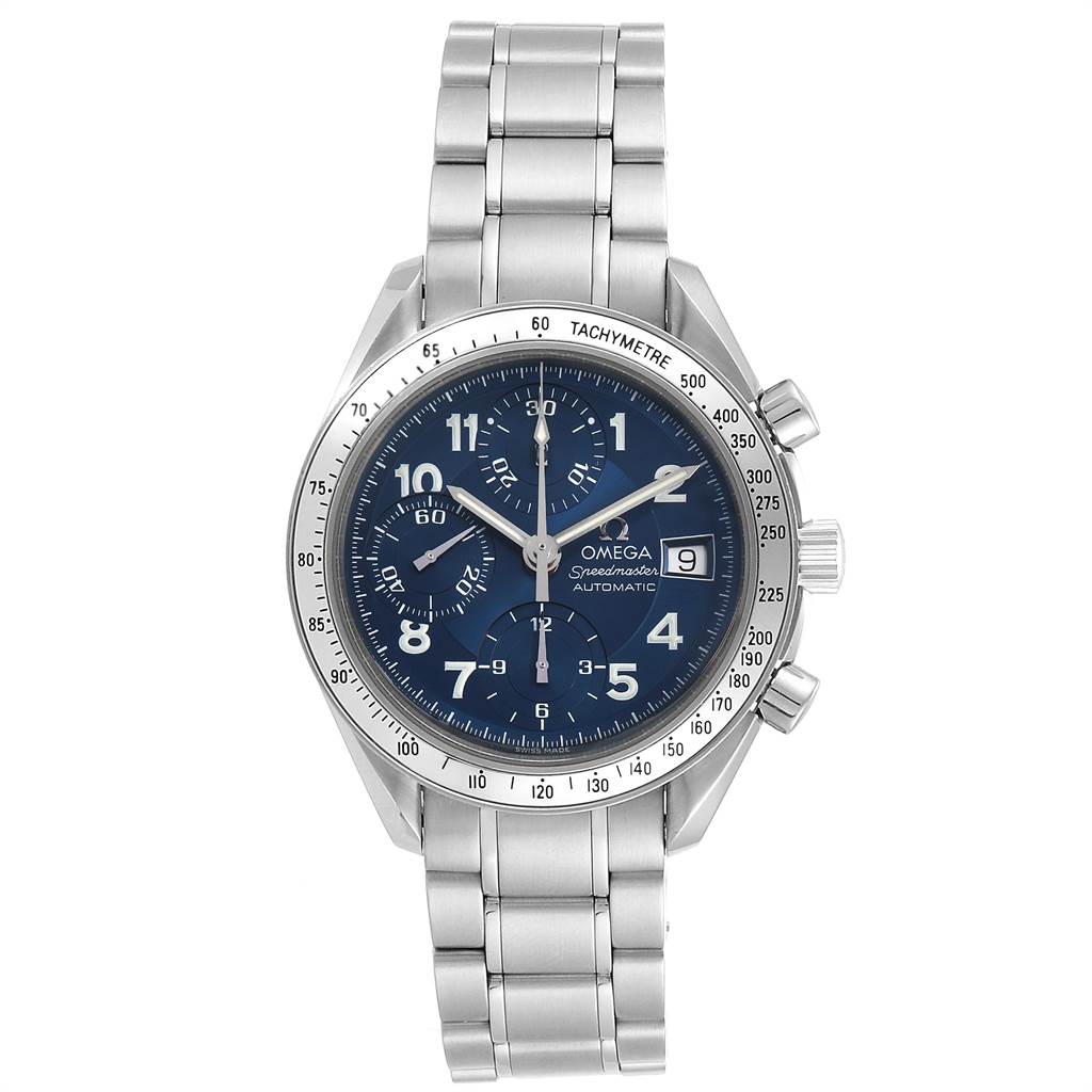 The image shows a front view of the Omega Speedmaster 3513.82.00 Men's Stainless Steel Blue Dial 3513.82.00 Men's Stainless Steel Blue Dial watch, displaying its face, tachymeter bezel, and metal bracelet.