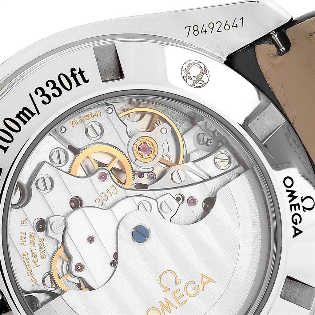 This image shows the back view of the Omega Speedmaster 321.13.44.50.02.001 Men
s Stainless Steel Silver Dial 321.13.44.50.02.001 Men
s Stainless Steel Silver Dial watch, revealing the intricate internal movement and mechanisms.