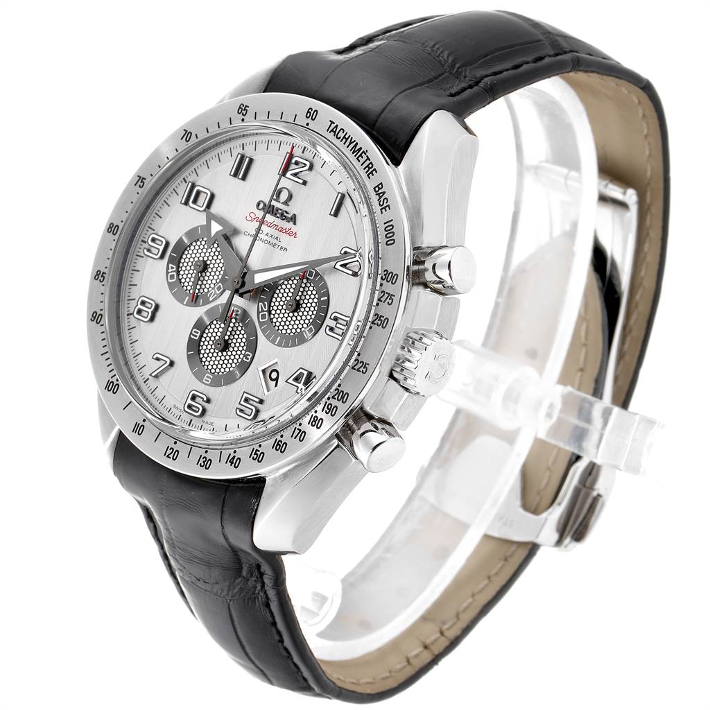 The Omega Speedmaster 321.13.44.50.02.001 Men
s Stainless Steel Silver Dial 321.13.44.50.02.001 Men
s Stainless Steel Silver Dial watch is shown at a slight side angle, highlighting the face, bezel, crown, pushers, and leather strap.