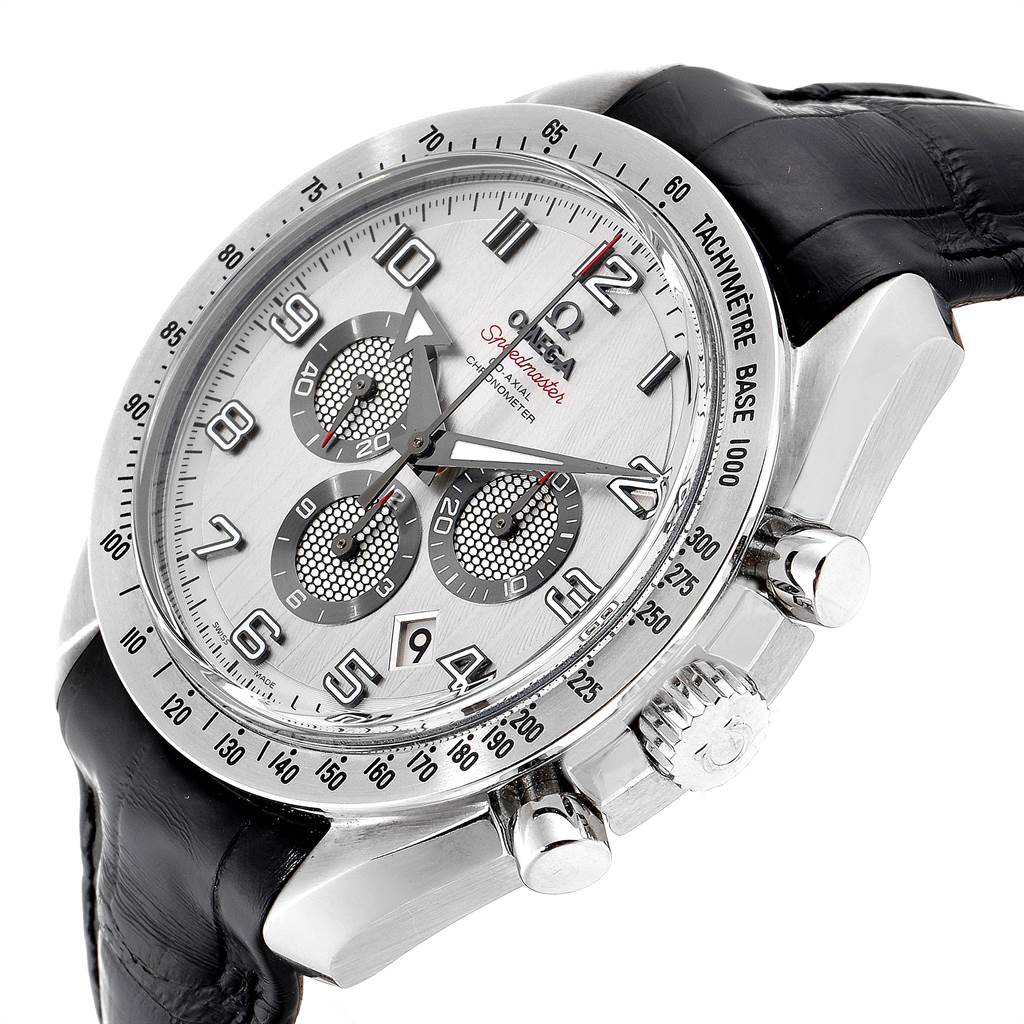 This image displays an Omega Speedmaster 321.13.44.50.02.001 Men
s Stainless Steel Silver Dial 321.13.44.50.02.001 Men
s Stainless Steel Silver Dial watch from an angled side view, highlighting the dial, crown, and chronograph pushers.