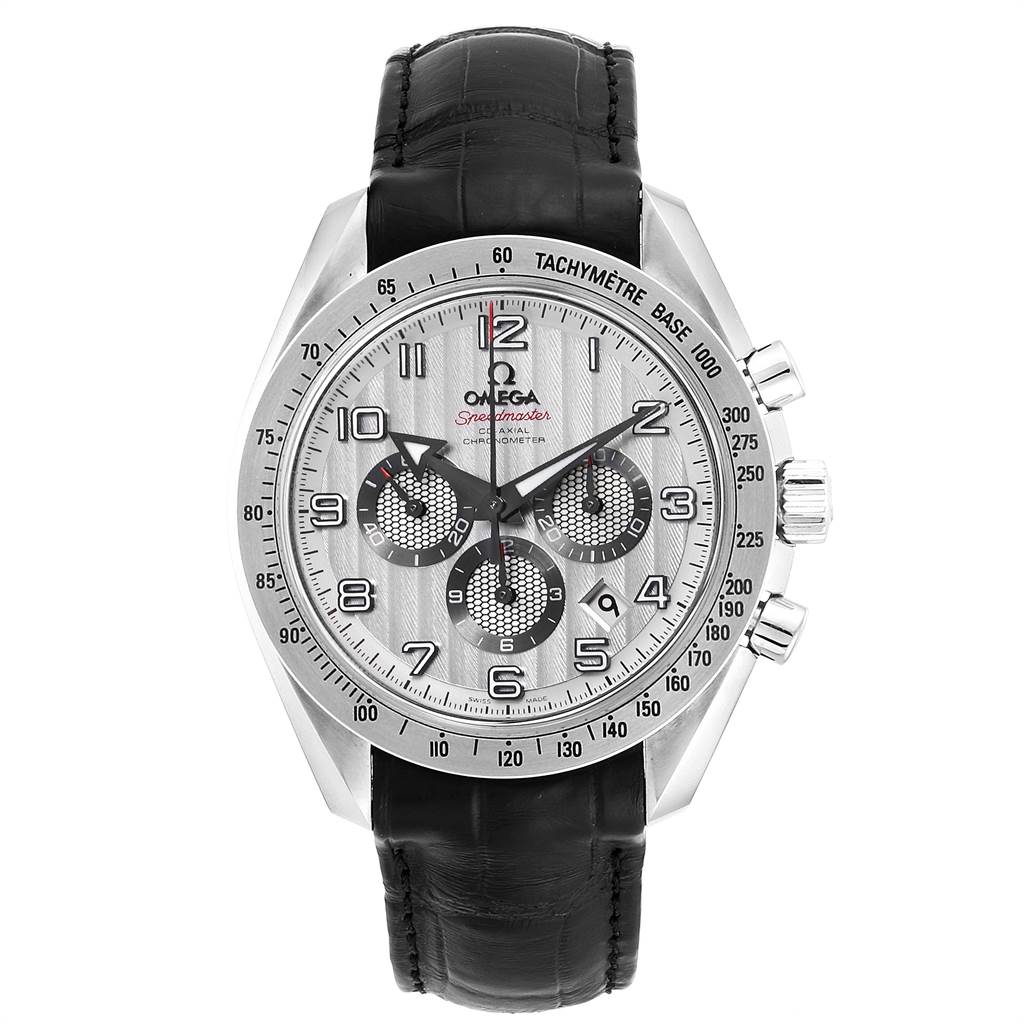 The image shows a front view of an Omega Speedmaster 321.13.44.50.02.001 Men
s Stainless Steel Silver Dial 321.13.44.50.02.001 Men
s Stainless Steel Silver Dial watch with a silver dial, chronograph subdials, and black leather strap.