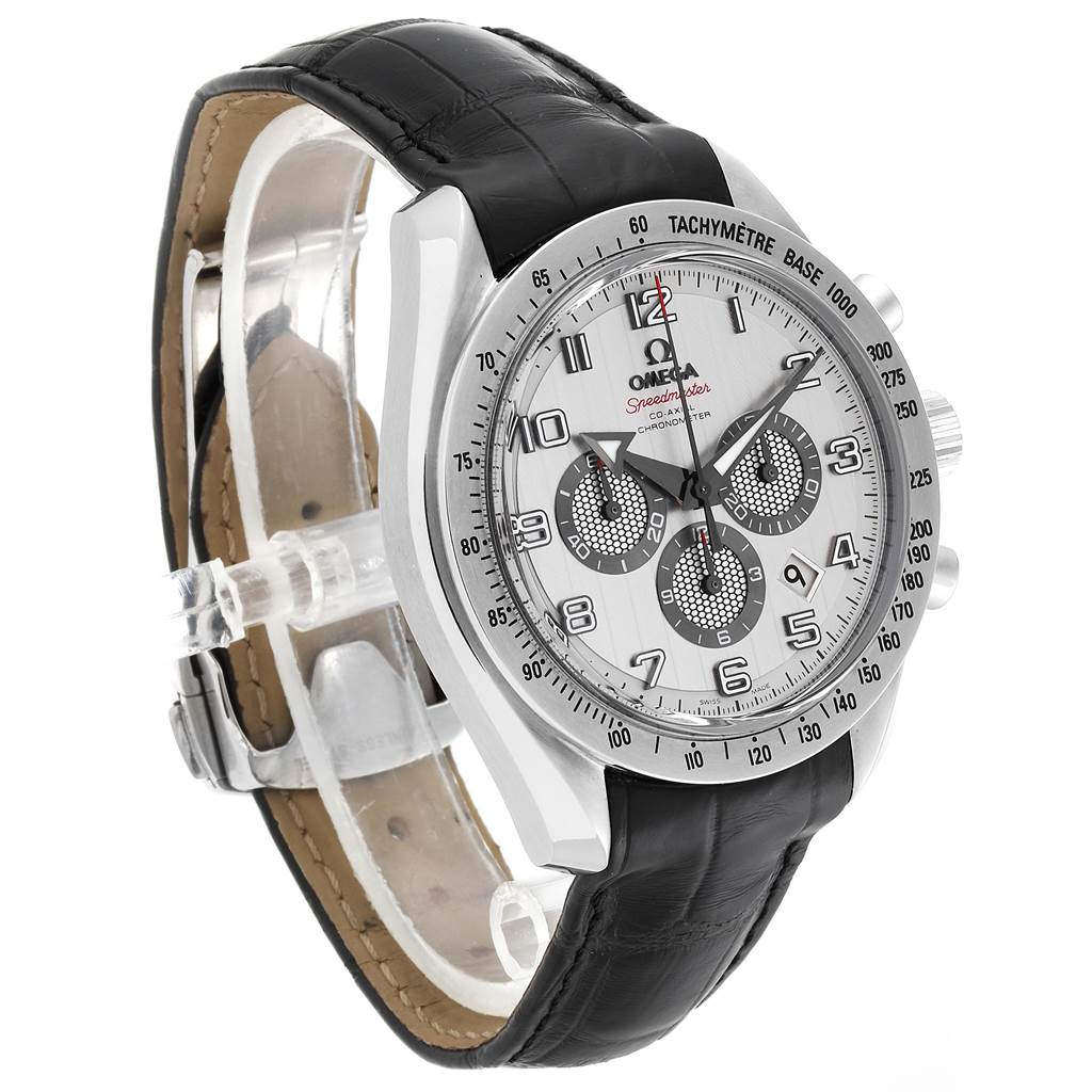 The image shows an Omega Speedmaster 321.13.44.50.02.001 Men
s Stainless Steel Silver Dial 321.13.44.50.02.001 Men
s Stainless Steel Silver Dial watch at a three-quarter angle, highlighting the dial, case, bezel, and leather strap.