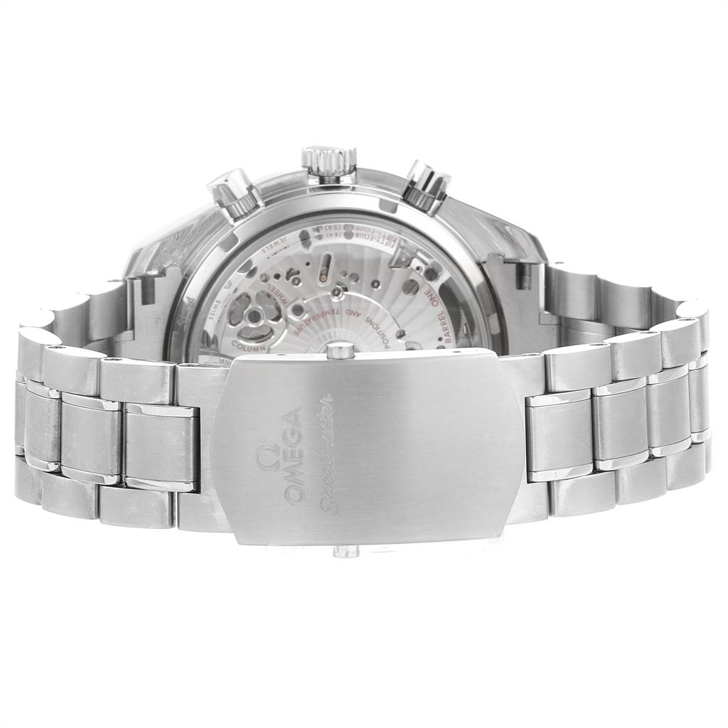 The image shows the back view and clasp of an Omega Speedmaster 311.90.44.51.03.001 Men's Titanium Blue Dial 311.90.44.51.03.001 Men's Titanium Blue Dial watch, highlighting its stainless steel bracelet and see-through case back.