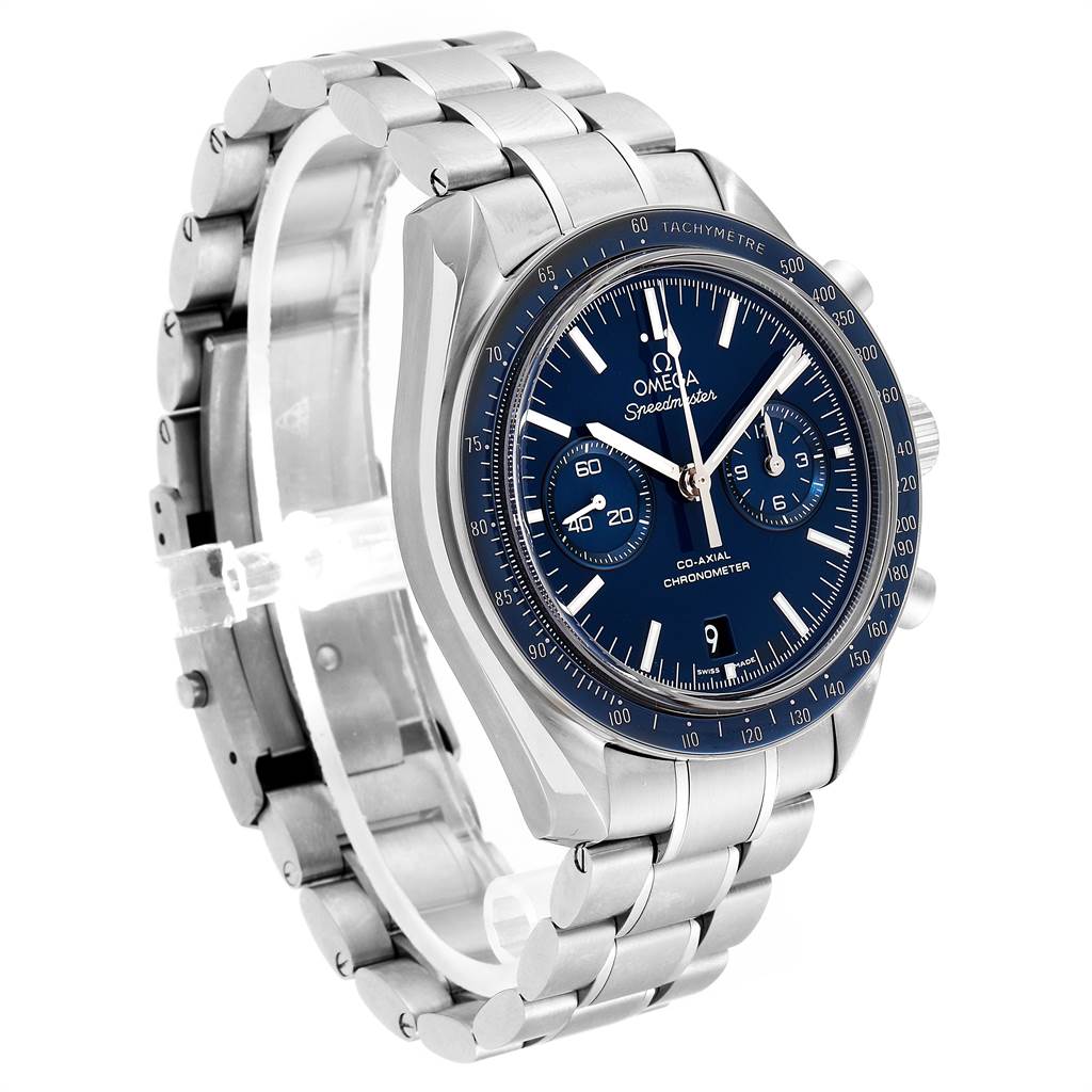 The image shows a side view of the Omega Speedmaster 311.90.44.51.03.001 Men's Titanium Blue Dial 311.90.44.51.03.001 Men's Titanium Blue Dial, featuring its dial, bezel, and stainless steel bracelet.