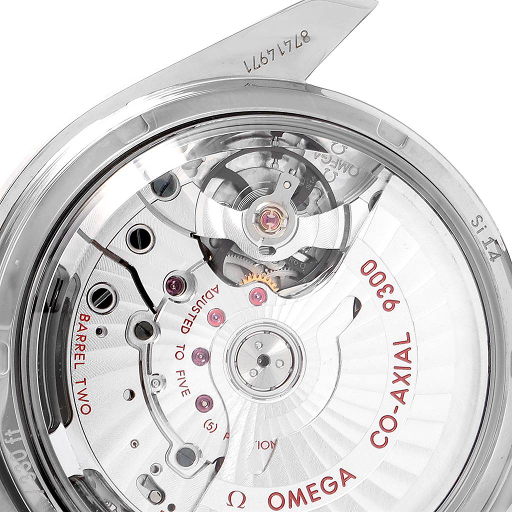 This image shows a close-up of the inner mechanism of an Omega Speedmaster 311.90.44.51.03.001 Men's Titanium Blue Dial 311.90.44.51.03.001 Men's Titanium Blue Dial watch, highlighting the co-axial movement.