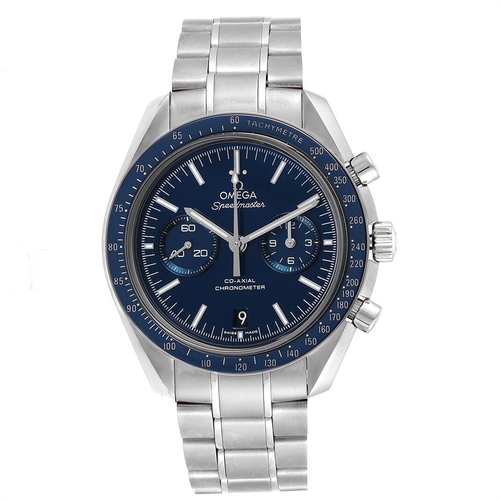 This image showcases the front view of an Omega Speedmaster 311.90.44.51.03.001 Men's Titanium Blue Dial 311.90.44.51.03.001 Men's Titanium Blue Dial watch, displaying the dial, bezel, chronograph sub-dials, and bracelet.