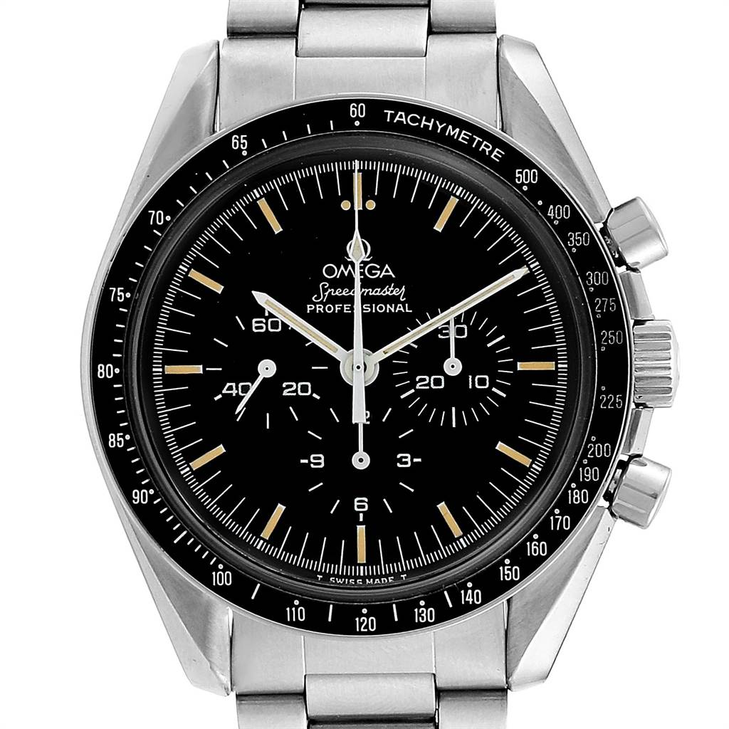 The Omega Speedmaster 145.022 Men
s Stainless Steel Black Dial 145.022 Men
s Stainless Steel Black Dial watch is pictured from a front angle, showing its black dial, chronograph subdials, and tachymeter bezel.
