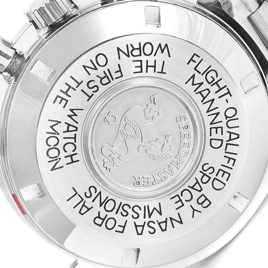 The image shows the case back of an Omega Speedmaster 145.022 Men
s Stainless Steel Black Dial 145.022 Men
s Stainless Steel Black Dial, featuring engraved text and logo.