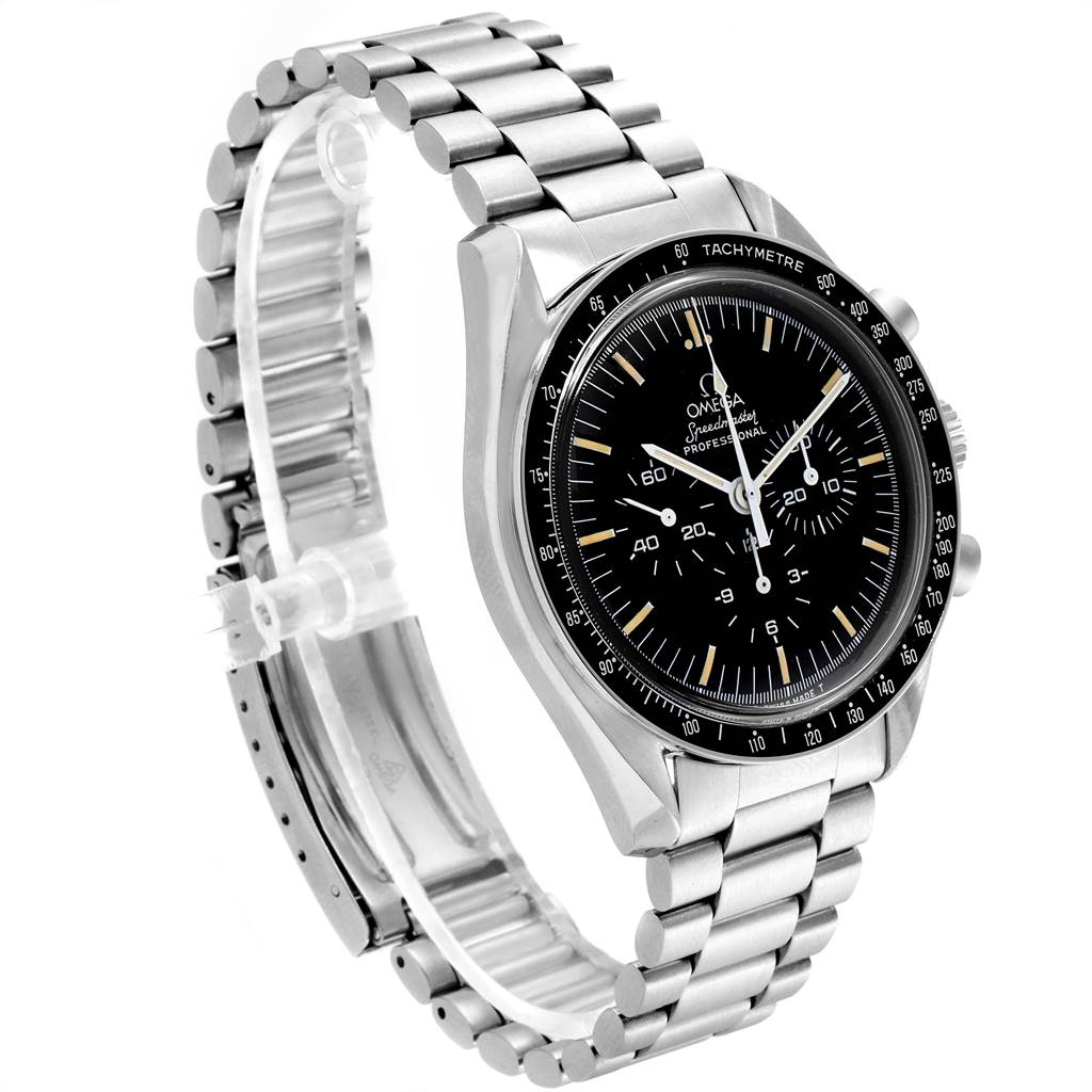The Omega Speedmaster 145.022 Men
s Stainless Steel Black Dial 145.022 Men
s Stainless Steel Black Dial watch is shown from an angled side view, highlighting its black dial, tachymeter bezel, and metallic bracelet.