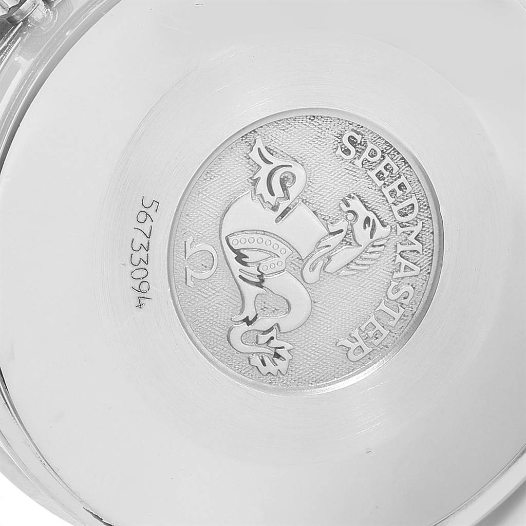 This image shows the engraved case back of an Omega Speedmaster 3510.50.00 Men
s Stainless Steel Black Dial 3510.50.00 Men
s Stainless Steel Black Dial watch, featuring the brand logo and serial number.