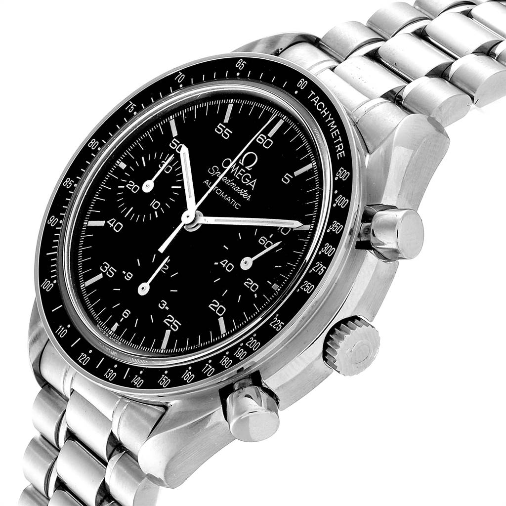 The image shows an Omega Speedmaster 3510.50.00 Men
s Stainless Steel Black Dial 3510.50.00 Men
s Stainless Steel Black Dial watch at an angled top view, highlighting the dial, bezel, and part of the bracelet.