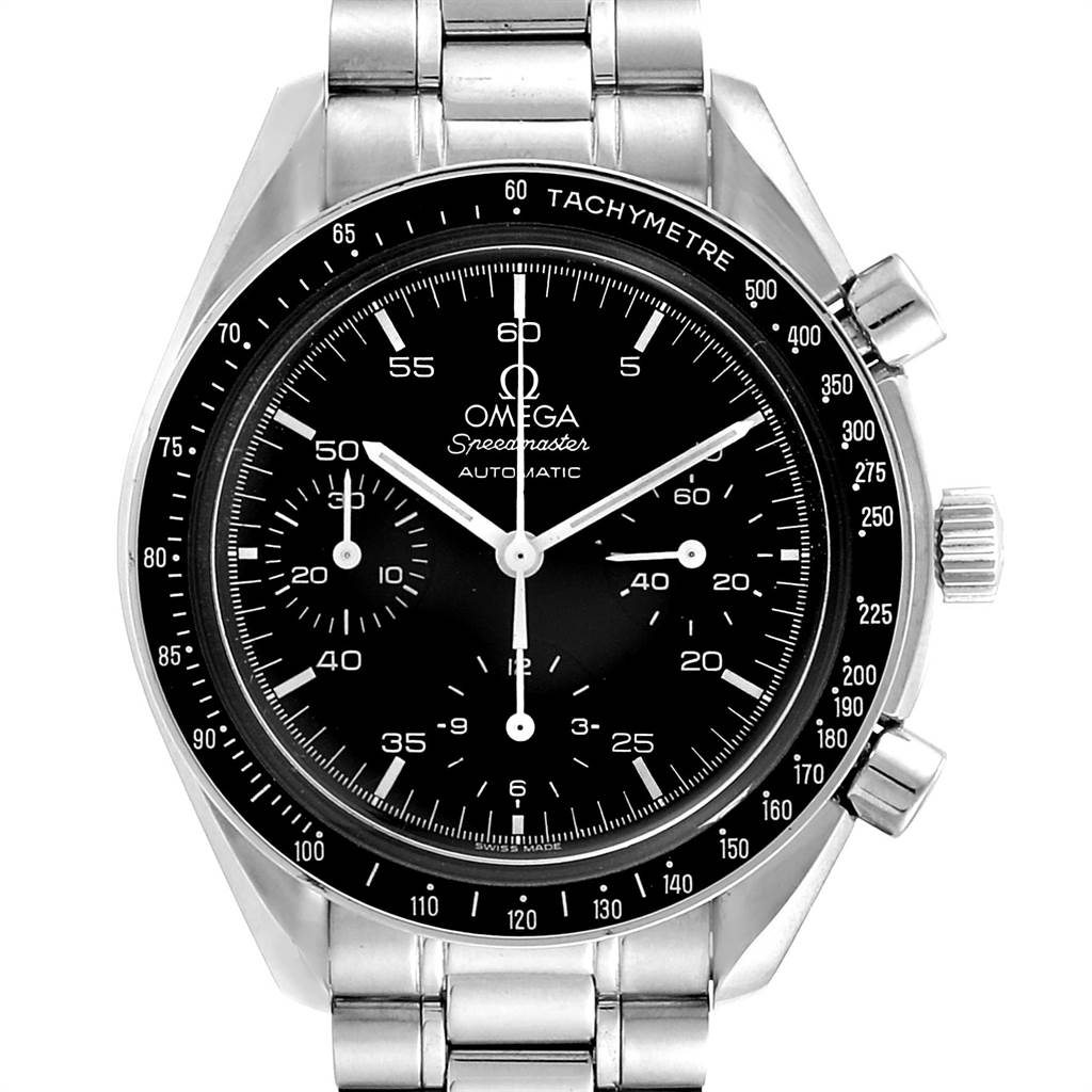 The Omega Speedmaster 3510.50.00 Men
s Stainless Steel Black Dial 3510.50.00 Men
s Stainless Steel Black Dial watch is shown from a top-down angle, featuring the face, bezel, and part of the bracelet.