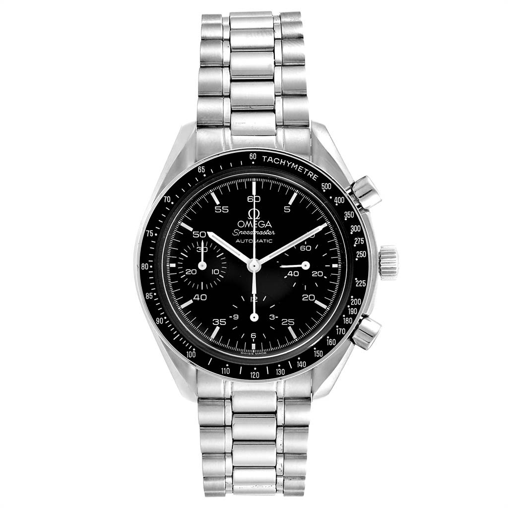 This image shows the front view of the Omega Speedmaster 3510.50.00 Men
s Stainless Steel Black Dial 3510.50.00 Men
s Stainless Steel Black Dial watch, displaying its dial, bezel, and metal bracelet.