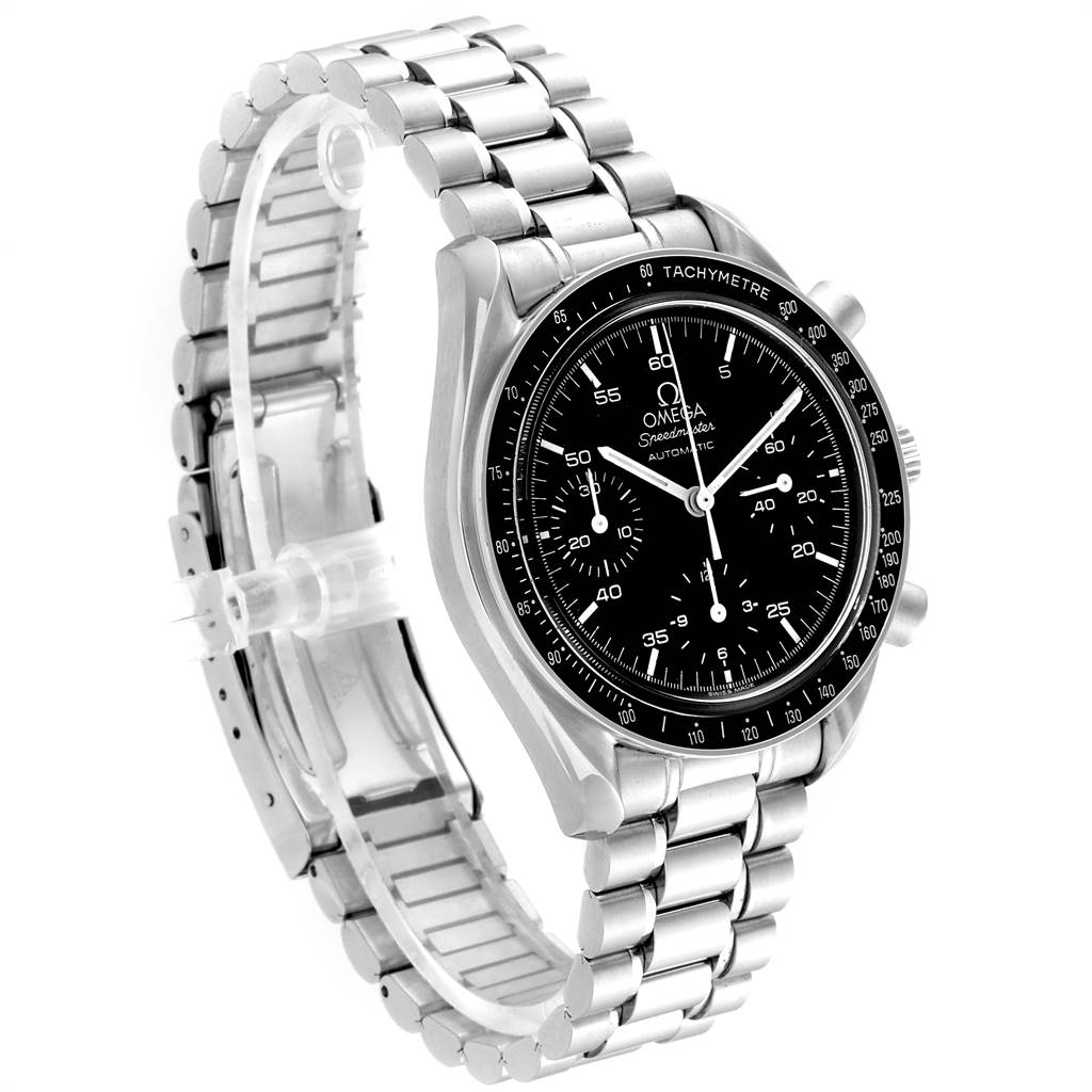 The Omega Speedmaster 3510.50.00 Men
s Stainless Steel Black Dial 3510.50.00 Men
s Stainless Steel Black Dial watch is shown at a 45-degree angle, displaying its face, bezel, and bracelet.