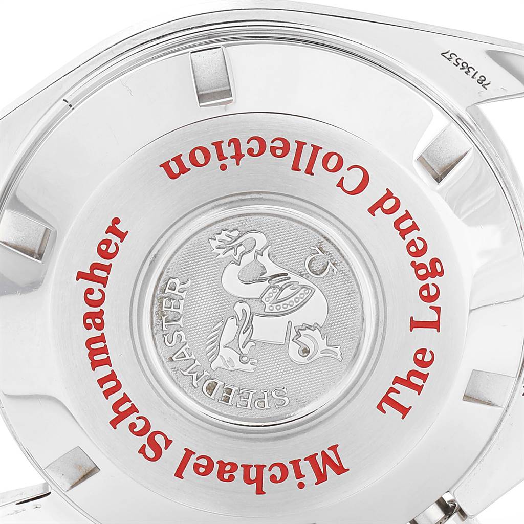 This image shows the back case of an Omega Speedmaster 3507.51.00 Men
s Stainless Steel Black Dial 3507.51.00 Men
s Stainless Steel Black Dial watch with a special edition engraving.