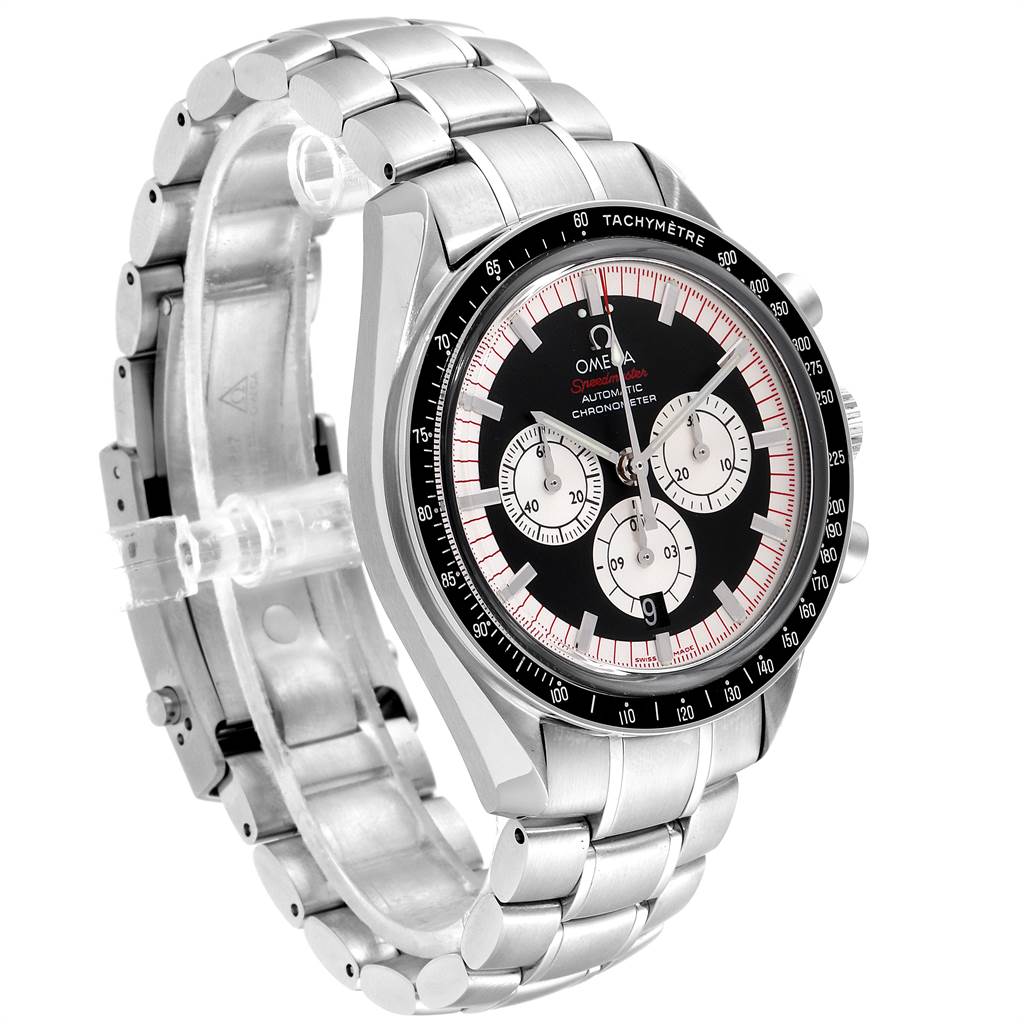 The Omega Speedmaster 3507.51.00 Men
s Stainless Steel Black Dial 3507.51.00 Men
s Stainless Steel Black Dial watch is shown at a three-quarter angle, highlighting the face, bezel, and metal bracelet.