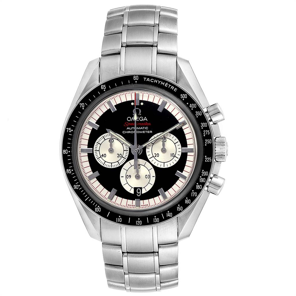 The Omega Speedmaster 3507.51.00 Men
s Stainless Steel Black Dial 3507.51.00 Men
s Stainless Steel Black Dial watch is shown from a front angle, displaying the face, bezel, buttons, and bracelet.