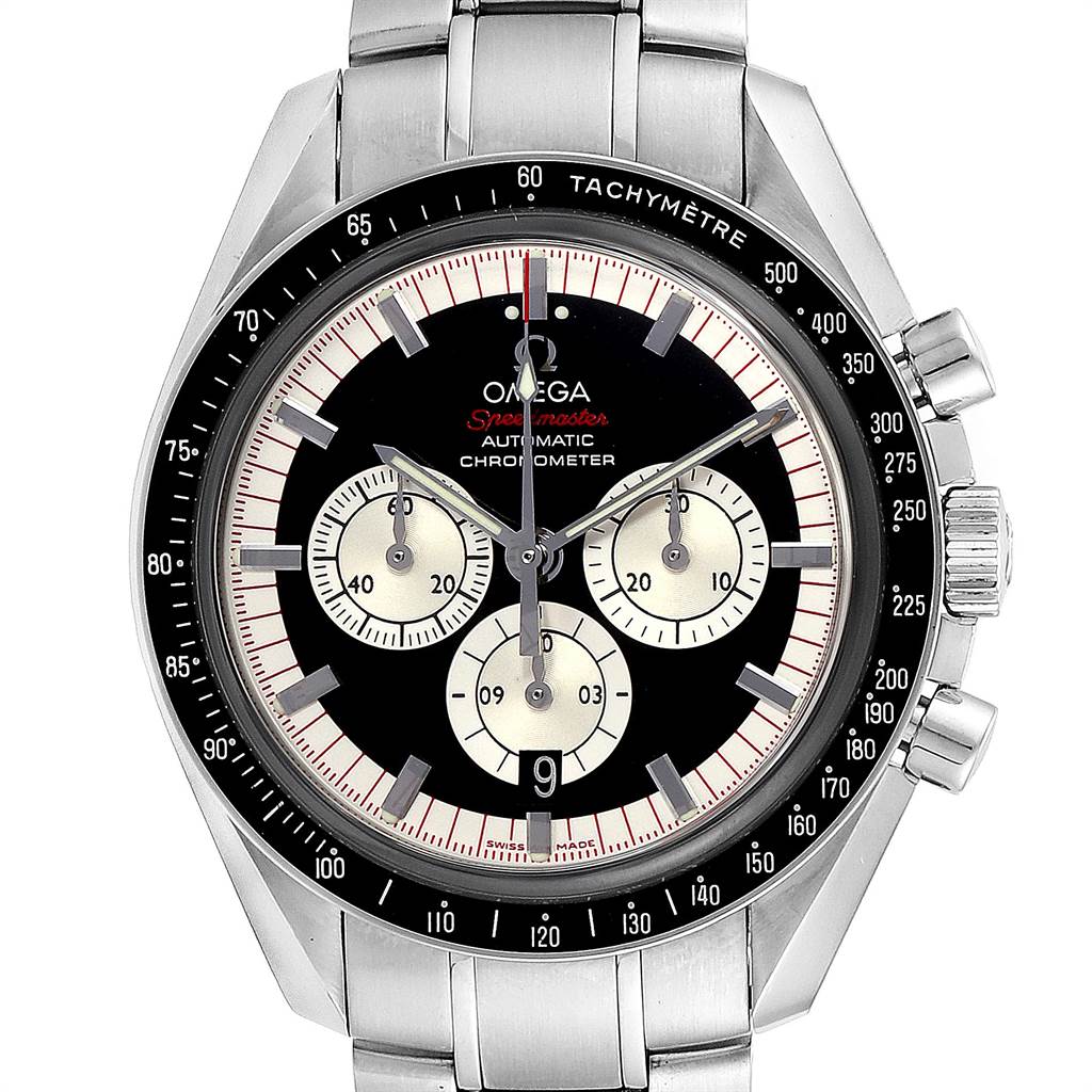 The image shows a frontal view of an Omega Speedmaster 3507.51.00 Men
s Stainless Steel Black Dial 3507.51.00 Men
s Stainless Steel Black Dial watch, displaying its face, bezel, and stainless steel bracelet.