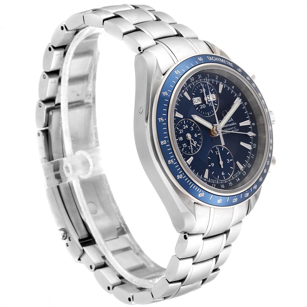 The Omega Speedmaster 3222.80.00 Men
s Stainless Steel Blue Dial 3222.80.00 Men
s Stainless Steel Blue Dial watch is shown in a three-quarter angle, displaying its face, bezel, and metal bracelet.