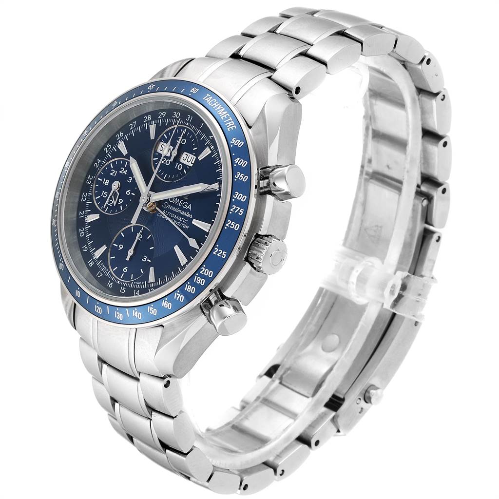 The image shows a side and front angle view of an Omega Speedmaster 3222.80.00 Men
s Stainless Steel Blue Dial 3222.80.00 Men
s Stainless Steel Blue Dial watch, displaying its bracelet, case, and dial.