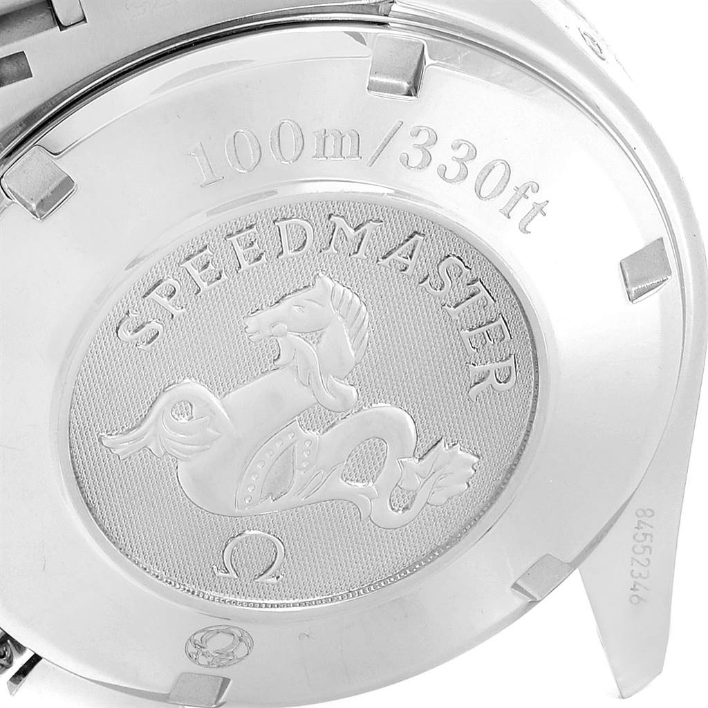 This image shows the case back of the Omega Speedmaster 3222.80.00 Men
s Stainless Steel Blue Dial 3222.80.00 Men
s Stainless Steel Blue Dial watch, engraved with "Speedmaster" and "100m/330ft".