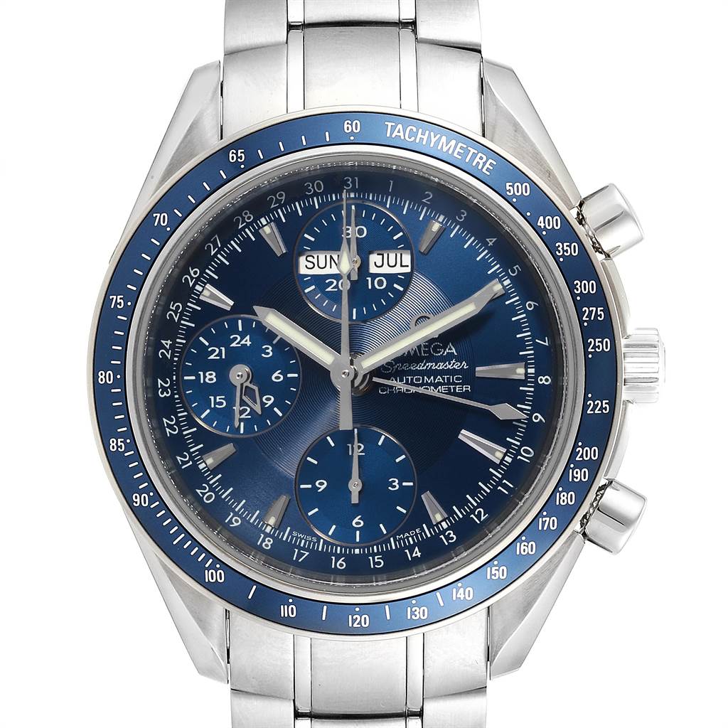 The Omega Speedmaster 3222.80.00 Men
s Stainless Steel Blue Dial 3222.80.00 Men
s Stainless Steel Blue Dial watch is shown from a front angle, highlighting its blue dial, chronograph sub-dials, and stainless steel bracelet.