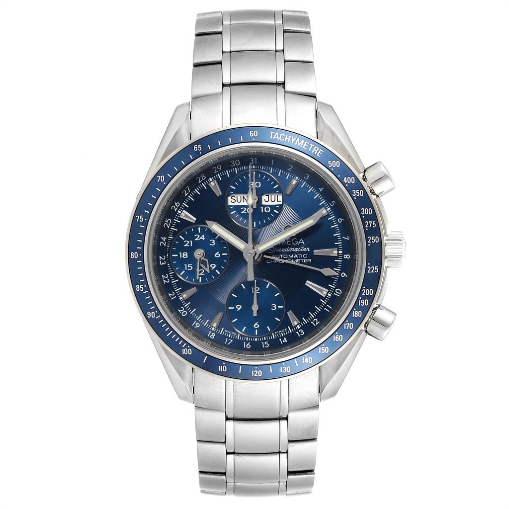 This image shows a front view of an Omega Speedmaster 3222.80.00 Men
s Stainless Steel Blue Dial 3222.80.00 Men
s Stainless Steel Blue Dial watch, displaying the dial, hands, subdials, tachymeter, and bracelet.