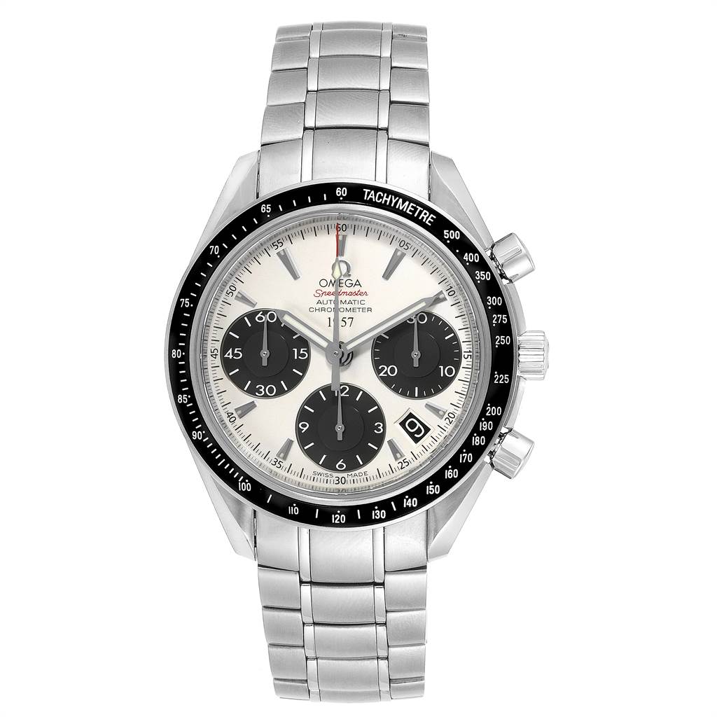 The Omega Speedmaster 323.30.40.40.02.001 Men
s Stainless Steel White Dial 323.30.40.40.02.001 Men
s Stainless Steel White Dial watch is shown from a front view, displaying its dial, bezel, chronograph subdials, and stainless steel bracelet.