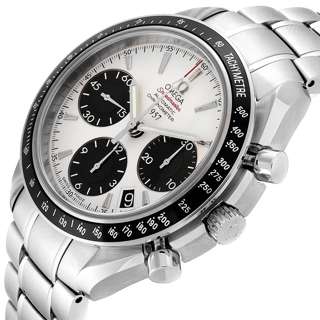 The image shows an angled view of an Omega Speedmaster 323.30.40.40.02.001 Men
s Stainless Steel White Dial 323.30.40.40.02.001 Men
s Stainless Steel White Dial watch, showcasing the dial, tachymeter bezel, and side buttons.