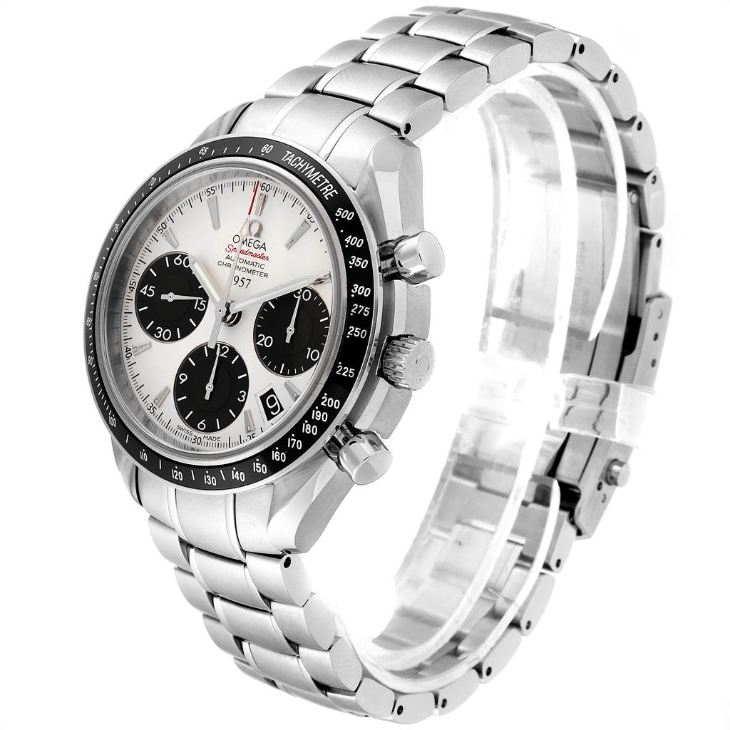 The Omega Speedmaster 323.30.40.40.02.001 Men
s Stainless Steel White Dial 323.30.40.40.02.001 Men
s Stainless Steel White Dial watch is shown from a three-quarter angle, highlighting the face, bezel, chronographs, and metal bracelet.