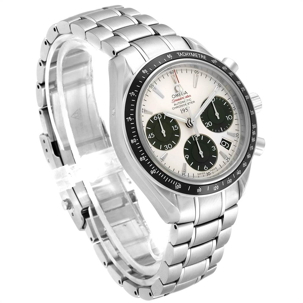 The Omega Speedmaster 323.30.40.40.02.001 Men
s Stainless Steel White Dial 323.30.40.40.02.001 Men
s Stainless Steel White Dial watch is shown from a three-quarter angle, highlighting its face, tachymeter bezel, and steel bracelet.