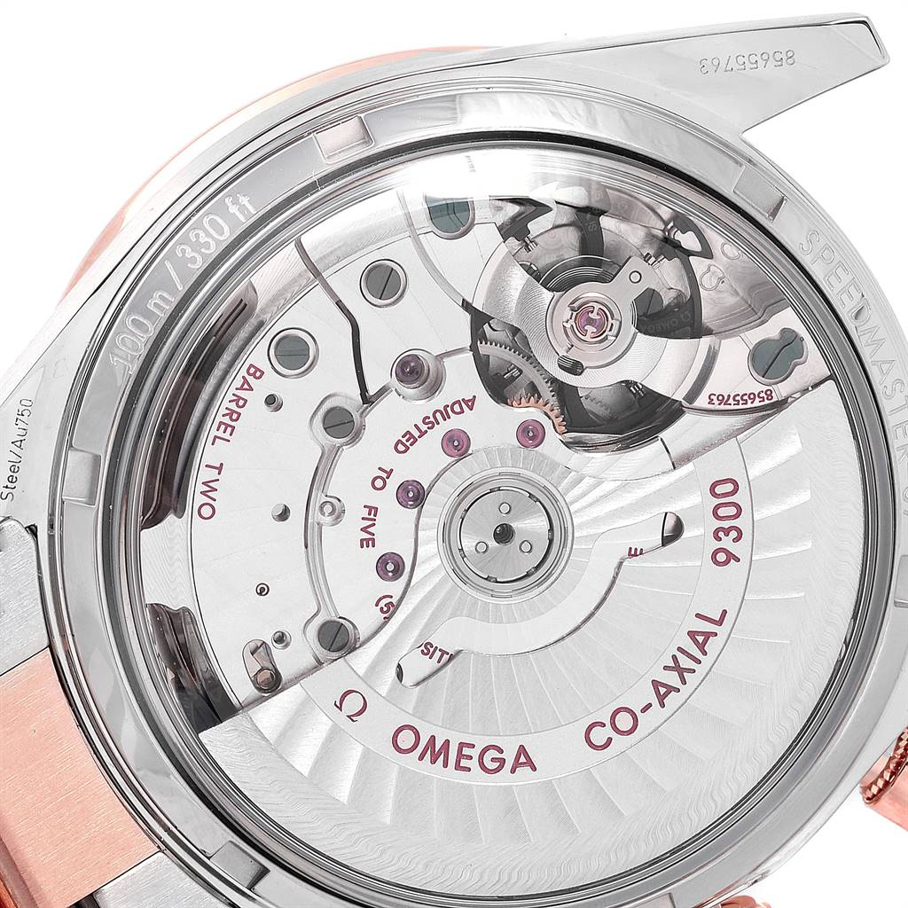 This image shows the movement and internal mechanism of the Omega Speedmaster 331.20.42.51.01.002 Men's Steel and Gold (two tone) Black Dial 331.20.42.51.01.002 Men's Steel and Gold (two tone) Black Dial Co-Axial watch, viewed from the back.