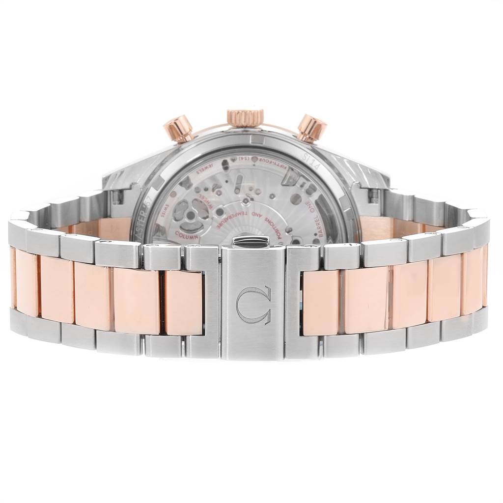 The image shows the back view of an Omega Speedmaster 331.20.42.51.01.002 Men's Steel and Gold (two tone) Black Dial 331.20.42.51.01.002 Men's Steel and Gold (two tone) Black Dial watch, highlighting its bracelet and clasp.