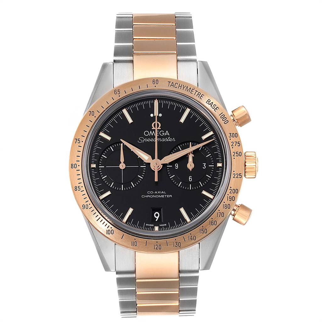 This Omega Speedmaster 331.20.42.51.01.002 Men's Steel and Gold (two tone) Black Dial 331.20.42.51.01.002 Men's Steel and Gold (two tone) Black Dial watch is shown from a front angle, displaying its face, bezel, and bracelet.