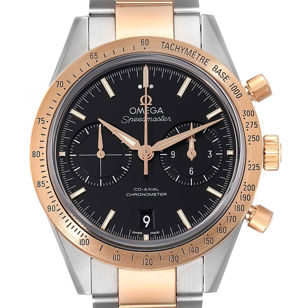 This image shows a frontal view of an Omega Speedmaster 331.20.42.51.01.002 Men's Steel and Gold (two tone) Black Dial 331.20.42.51.01.002 Men's Steel and Gold (two tone) Black Dial watch with a black dial and rose gold accents.