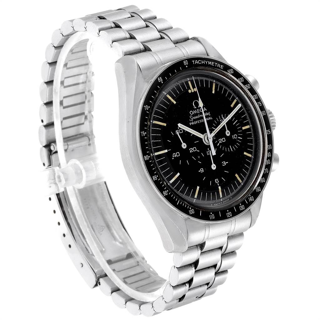 The Omega Speedmaster 145.022-69 Men
s Stainless Steel Black Dial 145.022-69 Men
s Stainless Steel Black Dial watch is shown at a slight angle, highlighting its black dial, chronograph functions, and stainless steel bracelet.