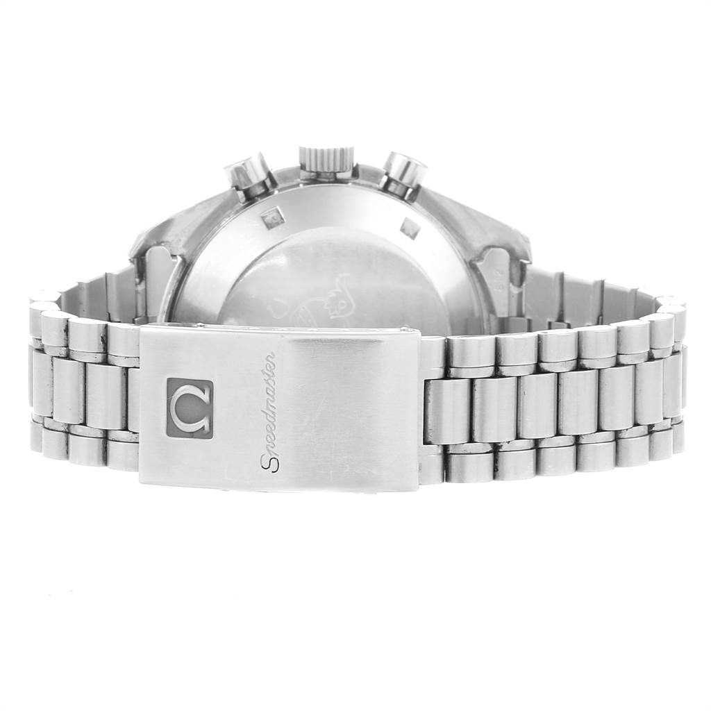 This image shows the back view of an Omega Speedmaster 145.022-69 Men
s Stainless Steel Black Dial 145.022-69 Men
s Stainless Steel Black Dial watch, highlighting its clasp and bracelet.