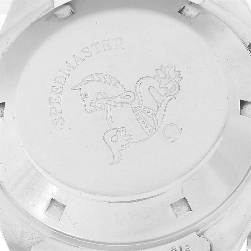 This image shows the engraved case back of an Omega Speedmaster 145.022-69 Men
s Stainless Steel Black Dial 145.022-69 Men
s Stainless Steel Black Dial watch, viewed from a straight-on angle.