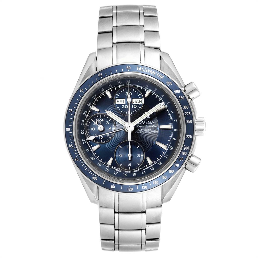 The image shows a frontal view of an Omega Speedmaster 3222.80.00 Men
s Stainless Steel Blue Dial 3222.80.00 Men
s Stainless Steel Blue Dial watch, highlighting its dial, subdials, and stainless steel bracelet.