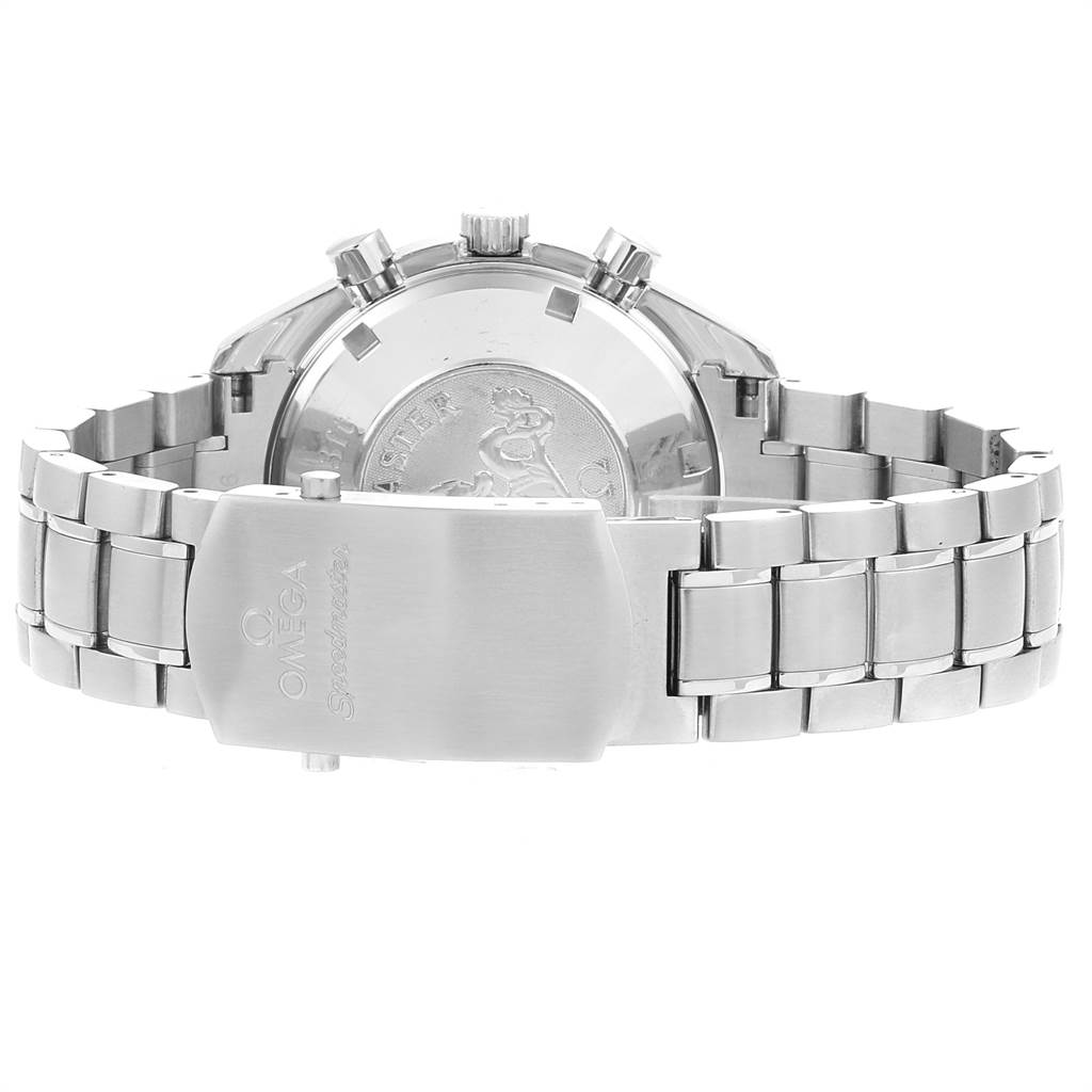 The image shows the back case and bracelet of an Omega Speedmaster 3222.80.00 Men
s Stainless Steel Blue Dial 3222.80.00 Men
s Stainless Steel Blue Dial watch viewed from the rear.