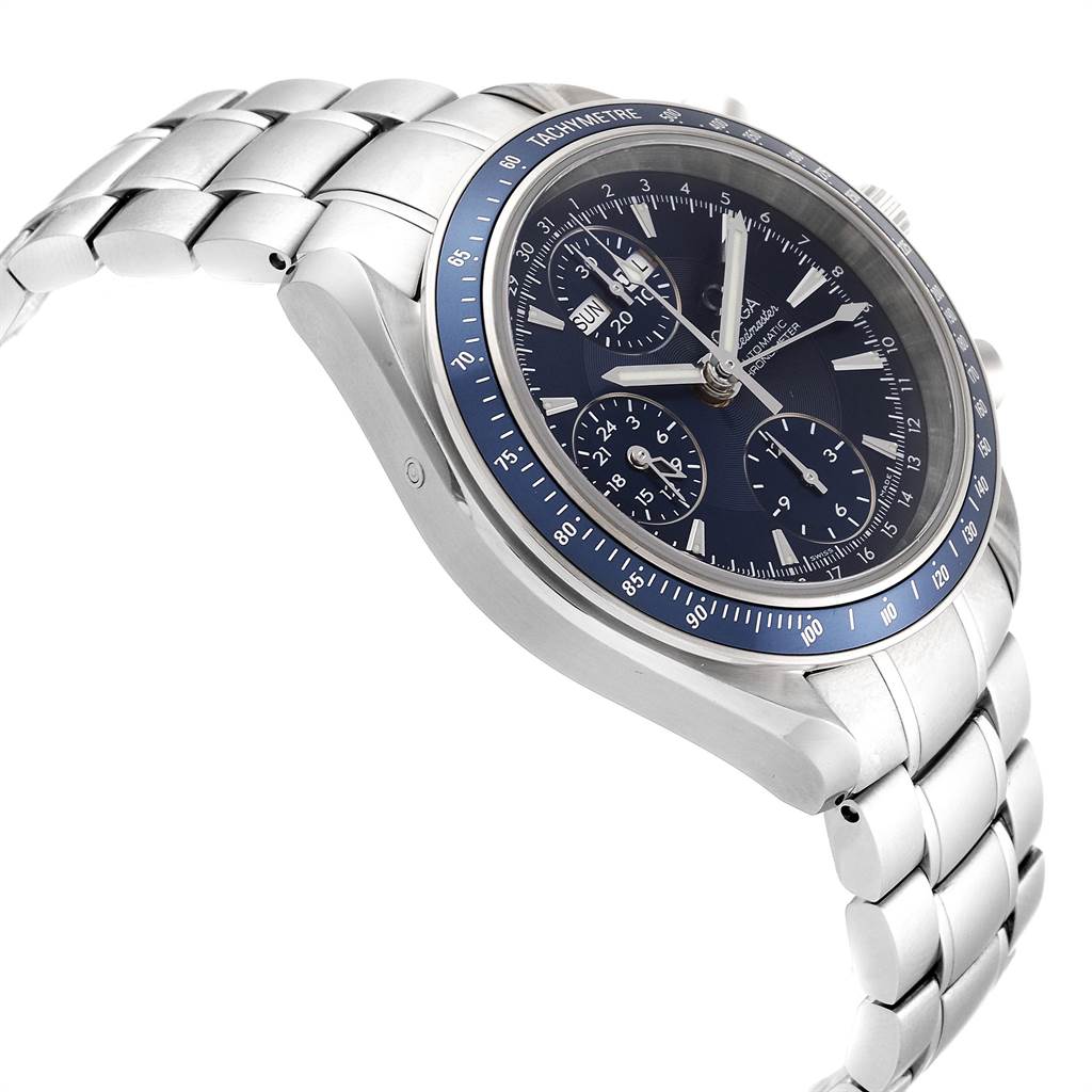 The Omega Speedmaster 3222.80.00 Men
s Stainless Steel Blue Dial 3222.80.00 Men
s Stainless Steel Blue Dial watch is shown at an angle highlighting its face, bracelet, and side profile.