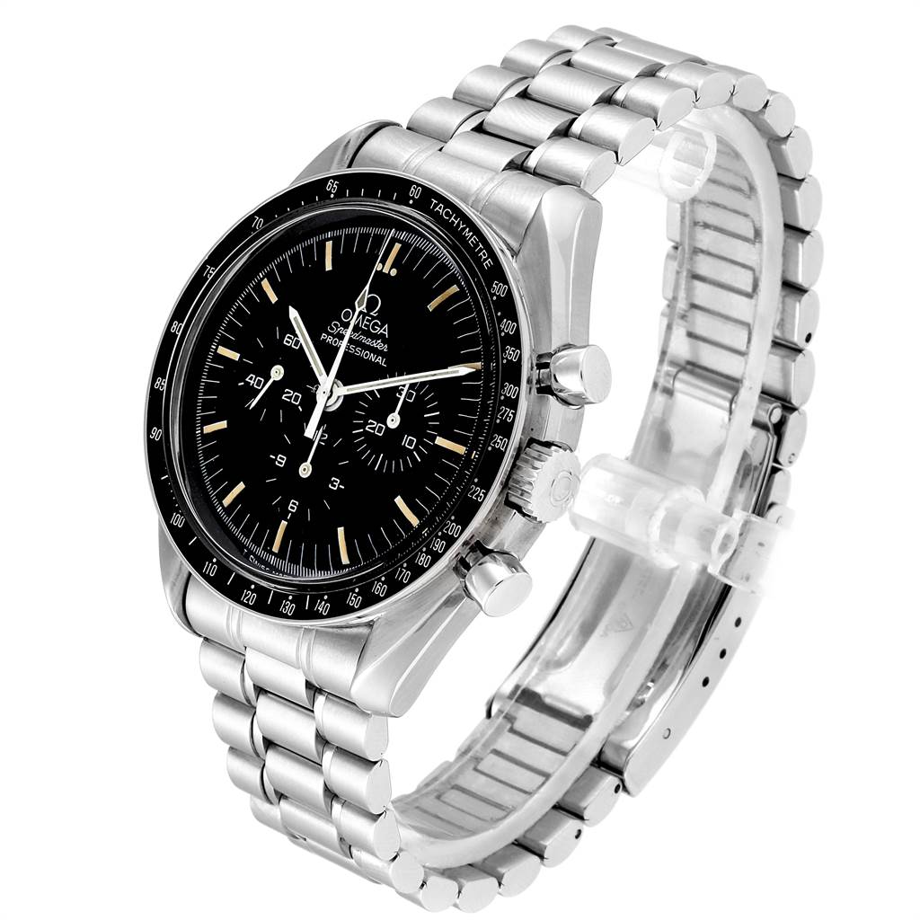 The Omega Speedmaster Men's Stainless Steel Black Dial Men's Stainless Steel Black Dial watch is shown from a three-quarter angle, displaying the face, bezel, and stainless steel bracelet.