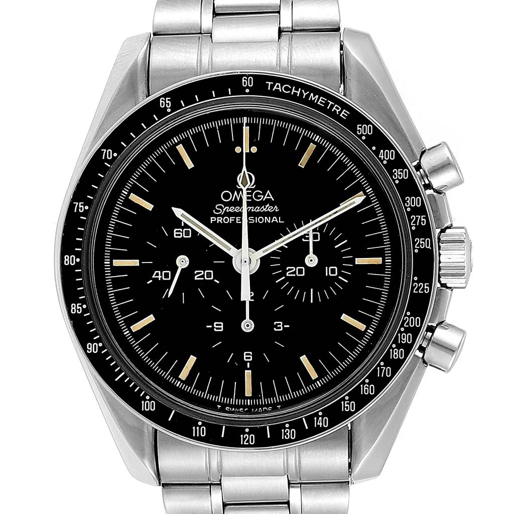 This image shows a front view of the Omega Speedmaster Men's Stainless Steel Black Dial Men's Stainless Steel Black Dial watch, highlighting the dial, case, and metal bracelet.